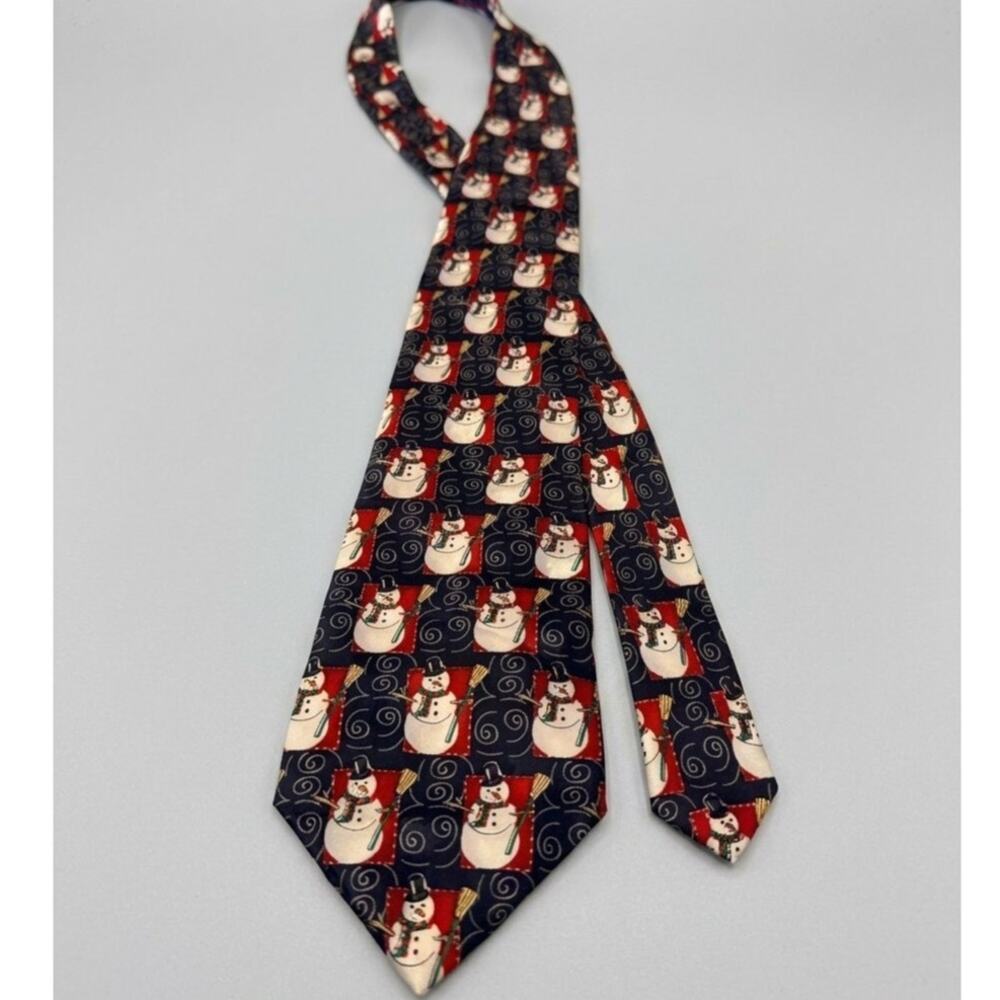 Vintage Holidays Silk Men's Tie - Festive Snowman Patchwork Pattern, Hand Made